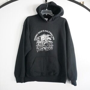 VTG Skinny Dick's Halfway Inn Fairbanks Alaska Black Graphic Hoodie Mens Large